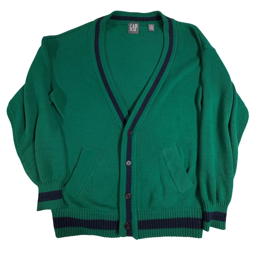 GAP Cardigan Sweater Mens Medium Green Navy Stripe V‎ Neck Button Front Grandpa